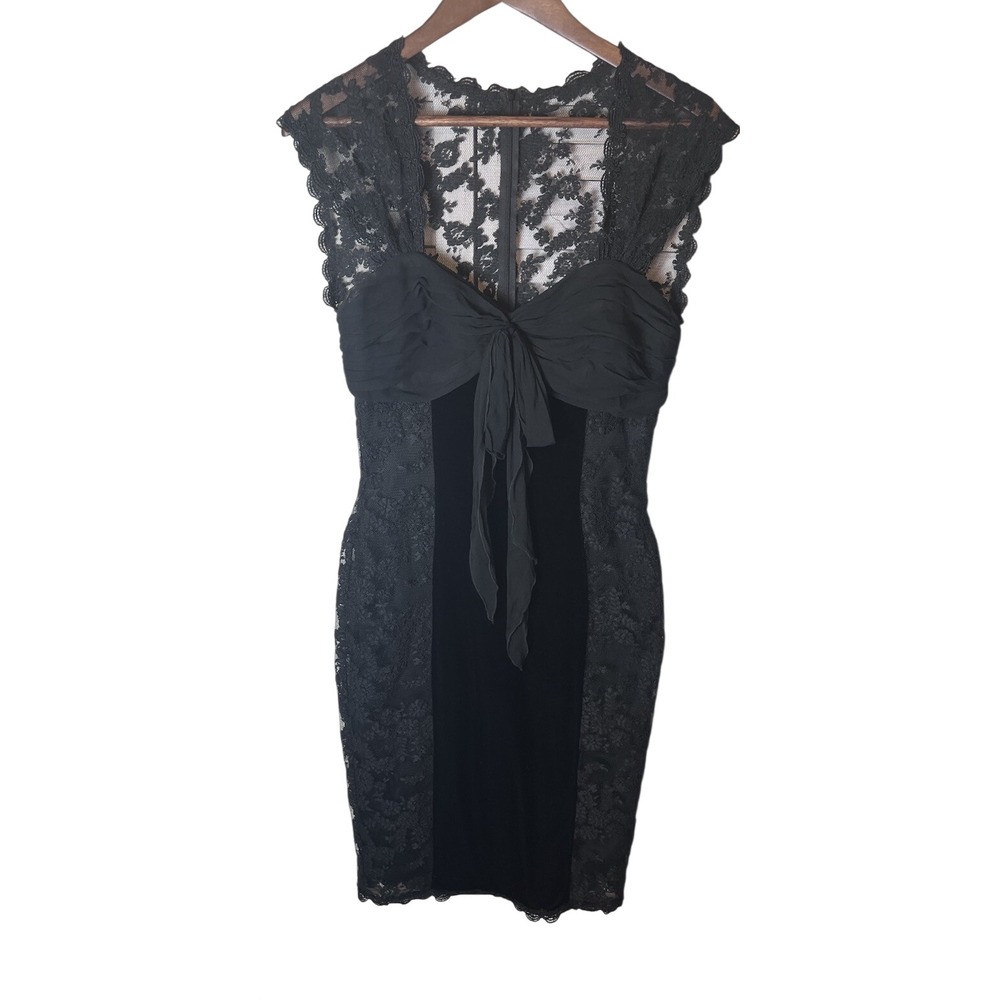 Nicole Bakti Black Lace Velvet Cocktail Dress Sheath Bow Detail Womens Size S